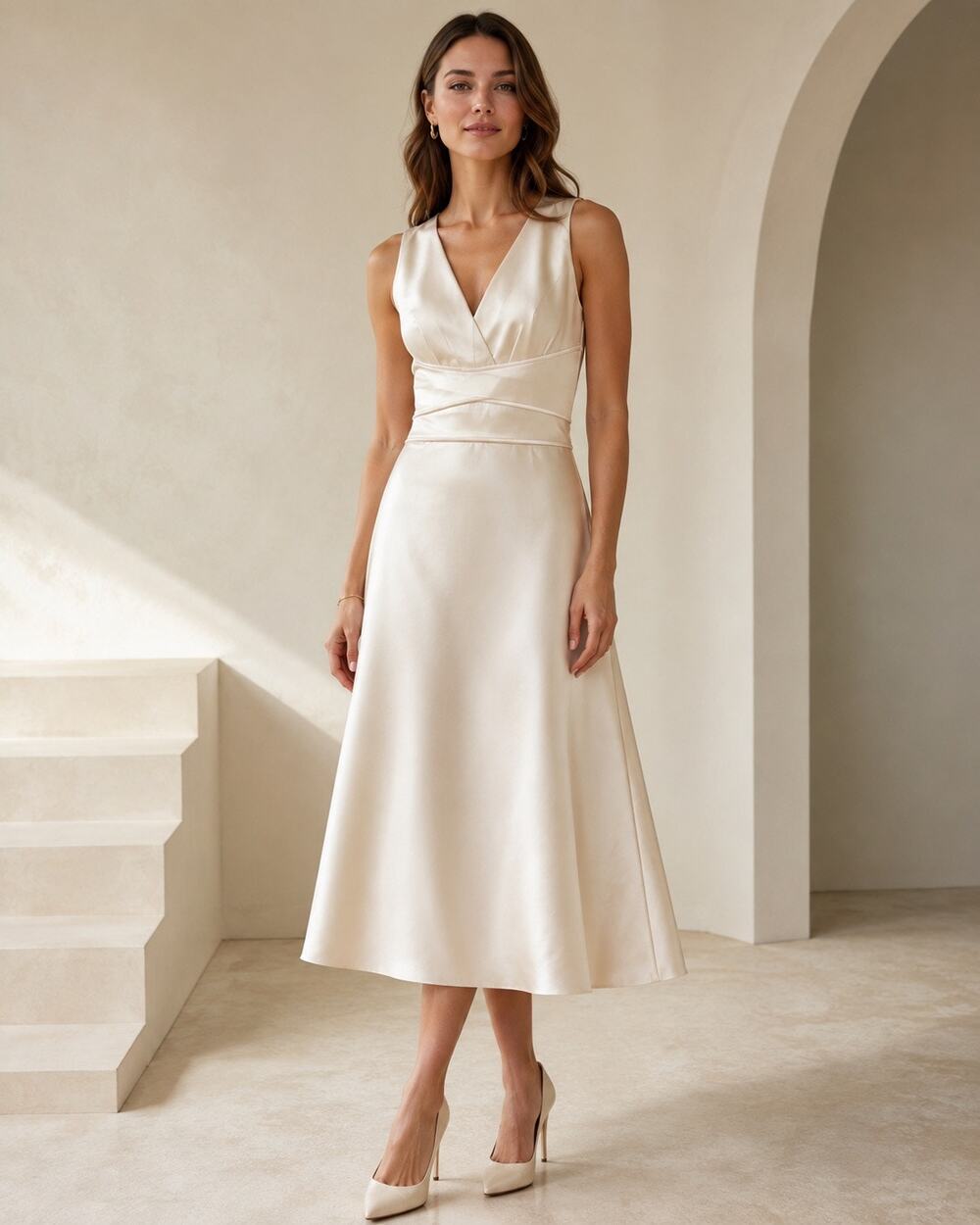 Timeless Quiet Luxury CH Carolina Herrera 100% Silk Ivory Pleated Midi Dress 4